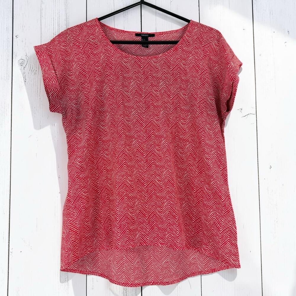 Forever 21 Chevron Blouse Small Red White Hi Low Sheer Minimalist Top